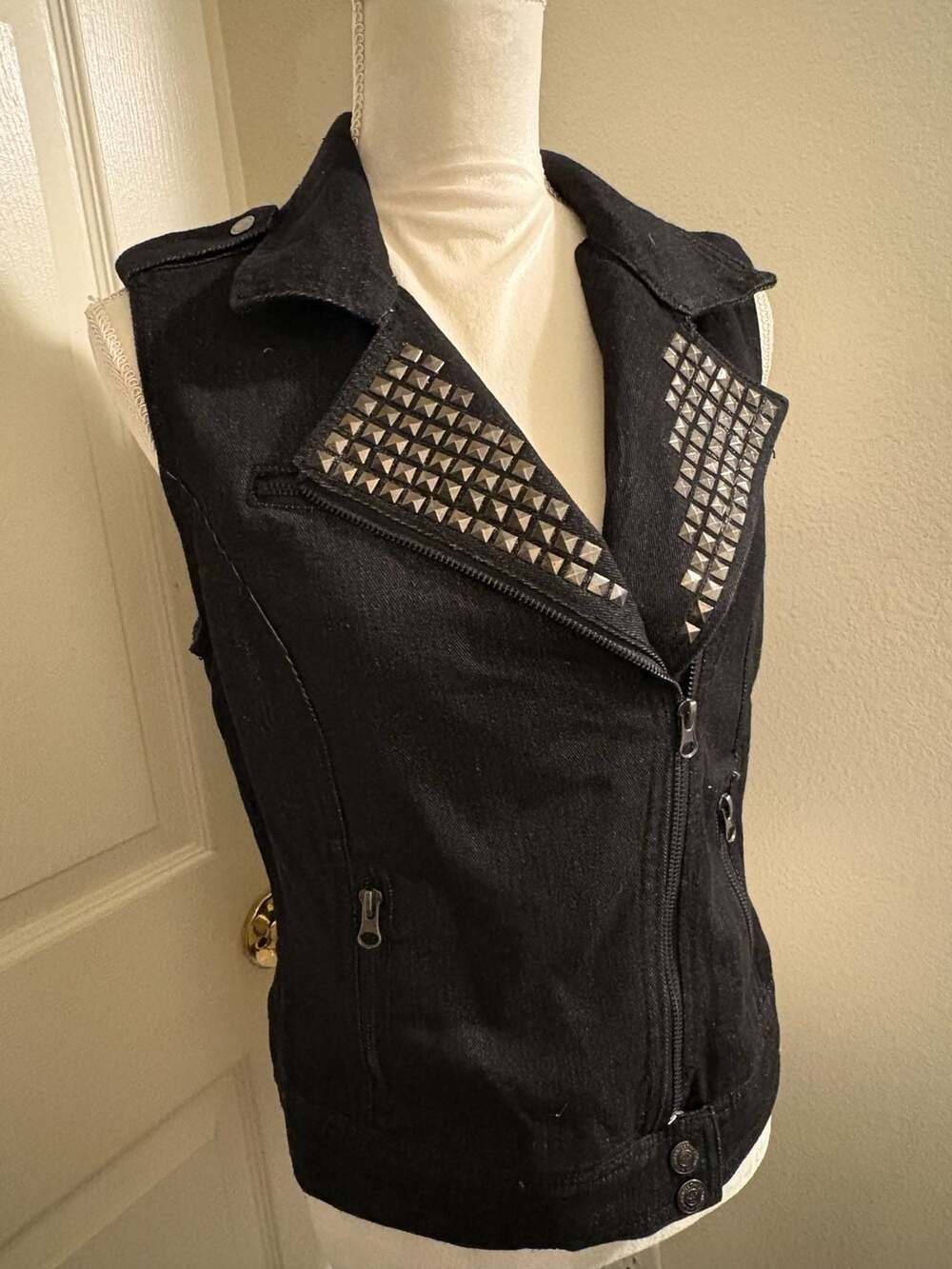 Dolled Up Black Denim Studded Motorcycle Vest Size L